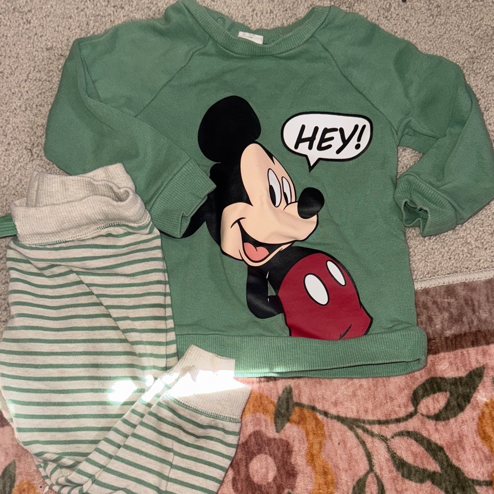 H&M Mickey Mouse Sweatshirt and Striped Pants Set Sz2T